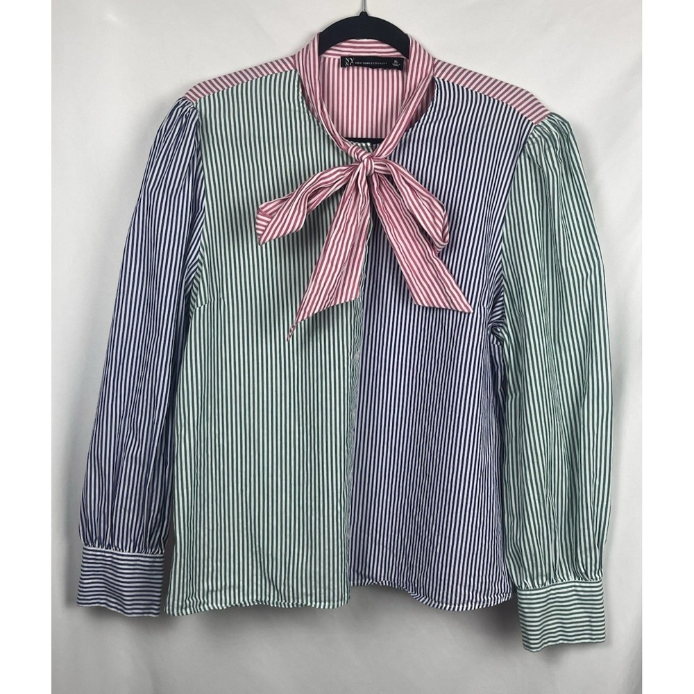 New York & Company Striped Neck Tie Blouse XL Multi-Color Colorblock 100% Cotton